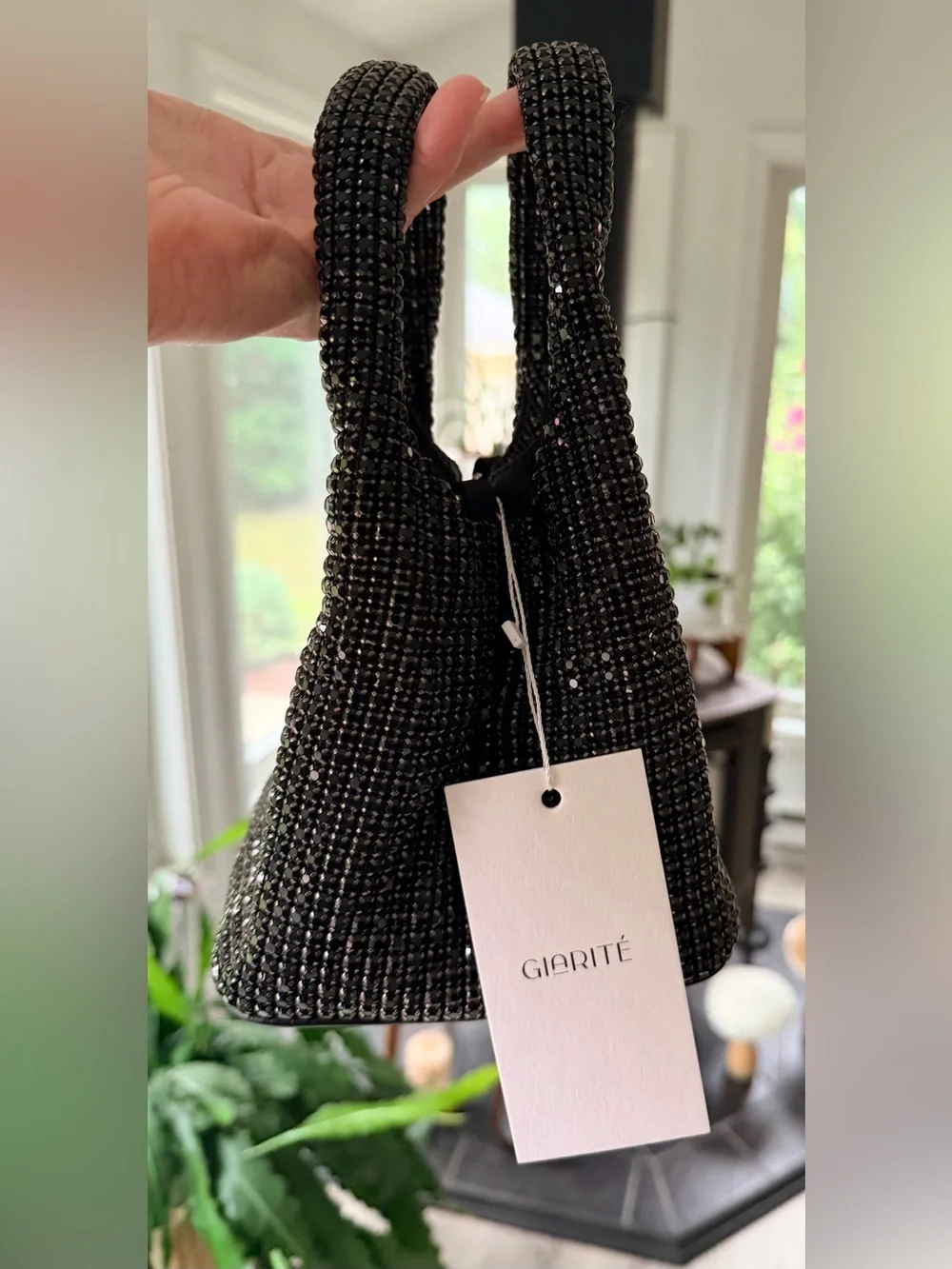NEW w TAGs GIARITÉ Brilly Black Crystal Bucket Bag w Silver Tone Crossbody Strap